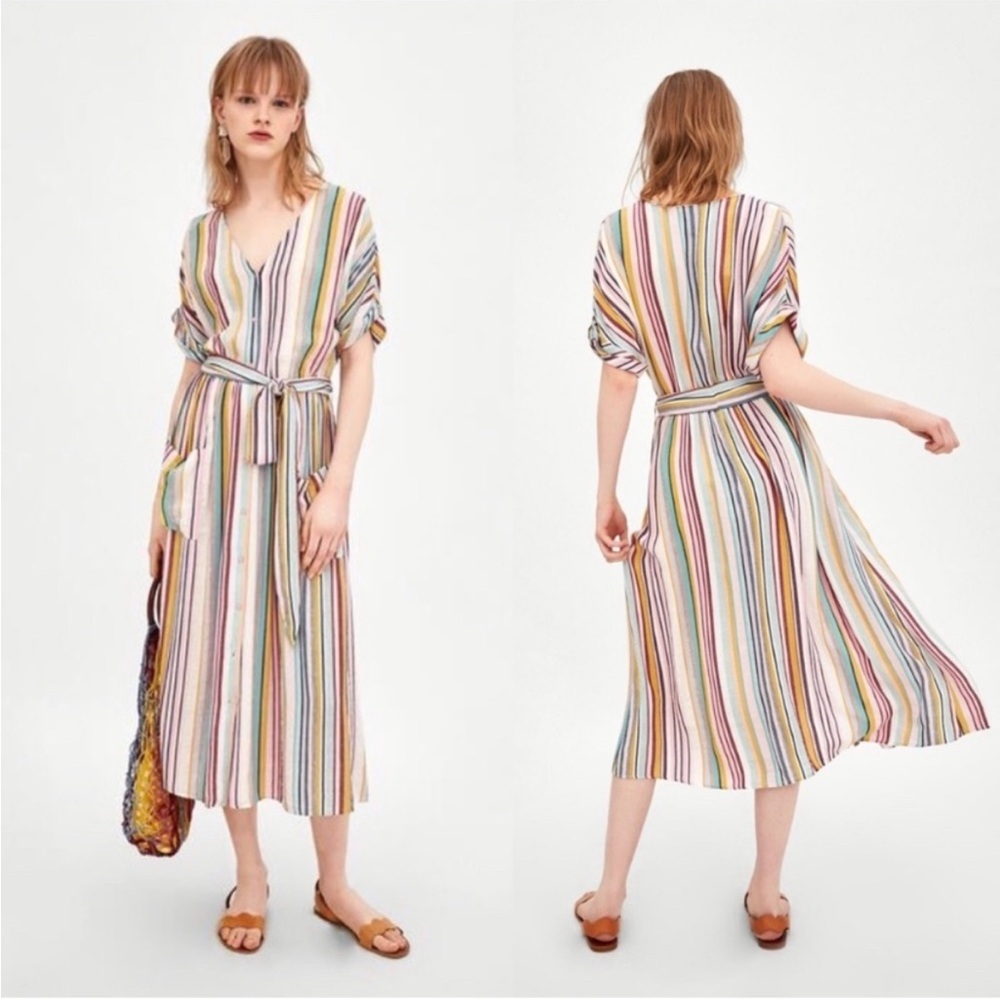 Zara TRF Rainbow Striped Linen Summer Midi Dress